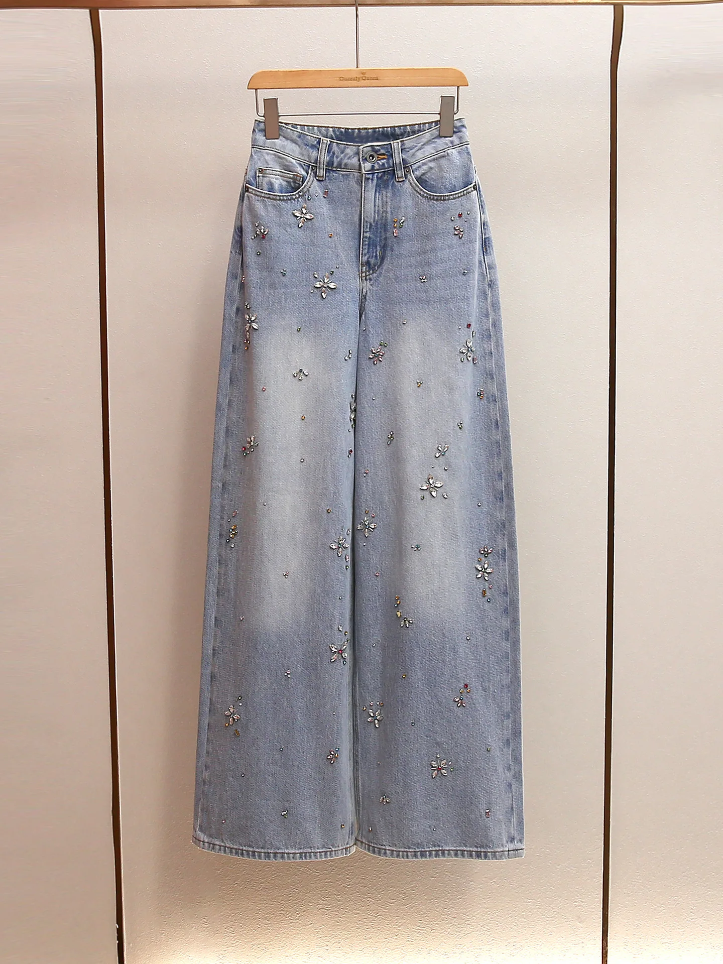 

Новые осенние французские джинсы-клеш с высокой талией, расшитые стразами, для повседневной носки, женские, TRAF