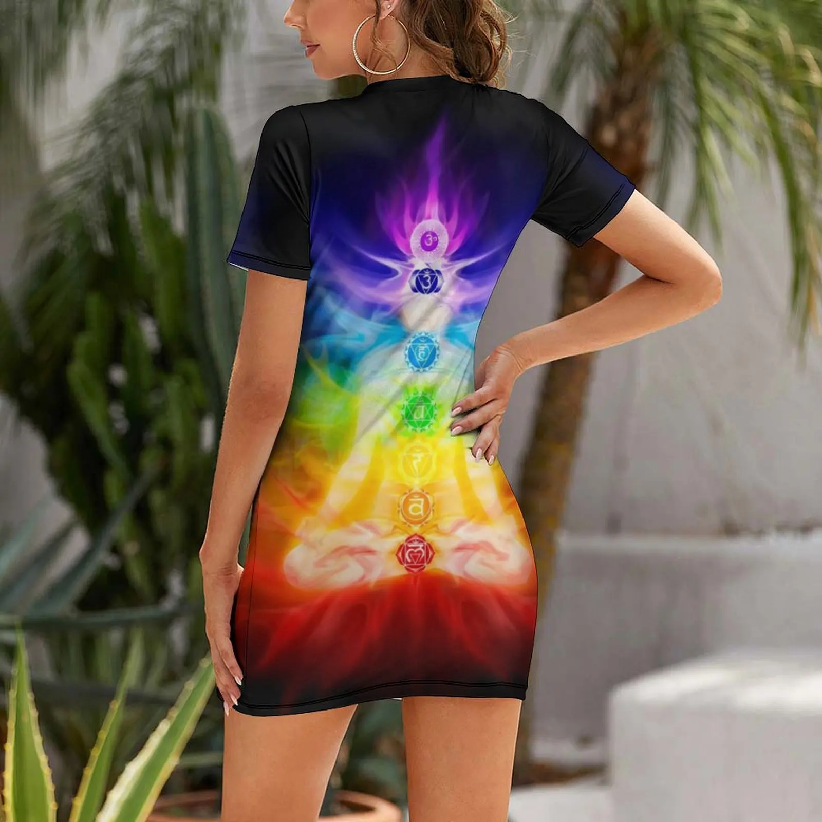 Chakras and energy flow on human body art photo print Short Sleeved Dress Woman dresses summer dress