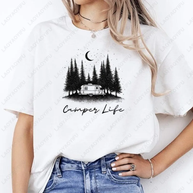 

Хлопковая футболка Camper Life, винтажные топы унисекс с круглым вырезом и принтом Airstream для кемпинга на колесах, путешествия на открытом воздухе, топы унисекс с принтом, подарок для приключений