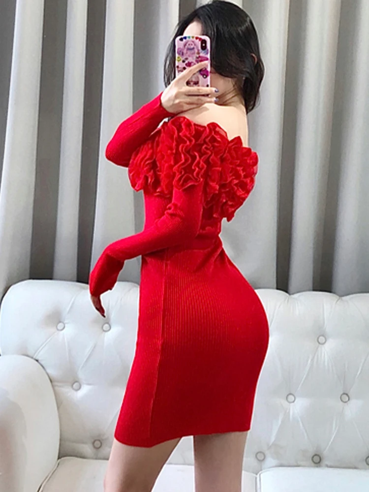 Spring Autumn High Quality Knitted Dress Women Chic Sexy Off Collar Ruffles Long Sleeve Stretchy Bodycon Dresses Bottoming 39907