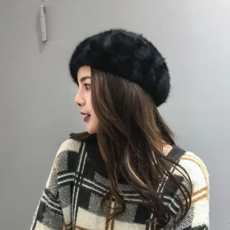 Black/White Fashion Classic Women Rabbit Fur Berets Autumn Winter Warm Thick Plush Hat Casual Solid Color Elegant Sweet Berets