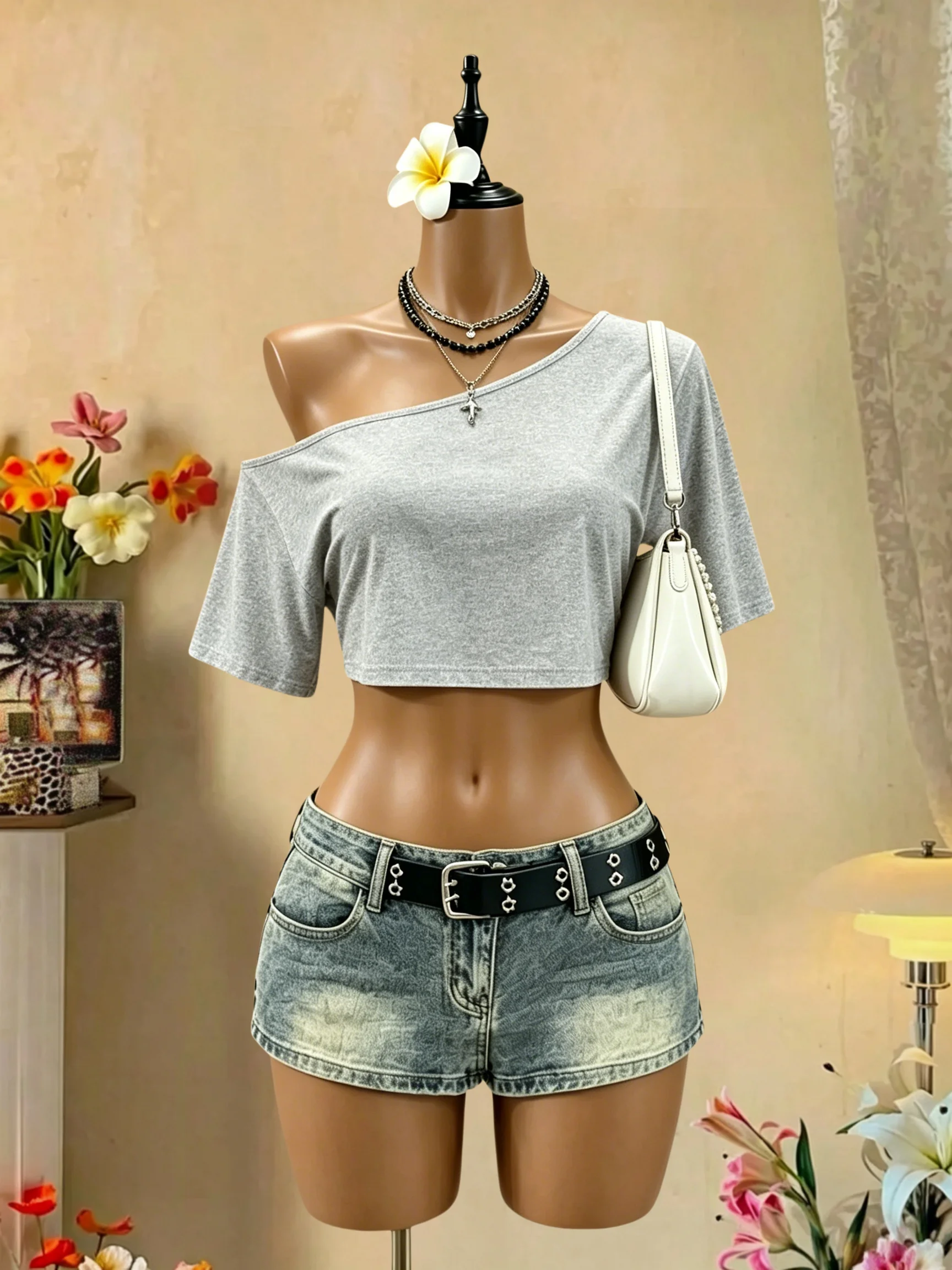 Damen One-Shoulder Kurzarm Crop-Top Asymmetrischer Ausschnitt Hochelastisches Weiches Leichtgewicht-Gewebe Locker Sitzend Y2K Alltag Ausgehzubehör – Detail 10