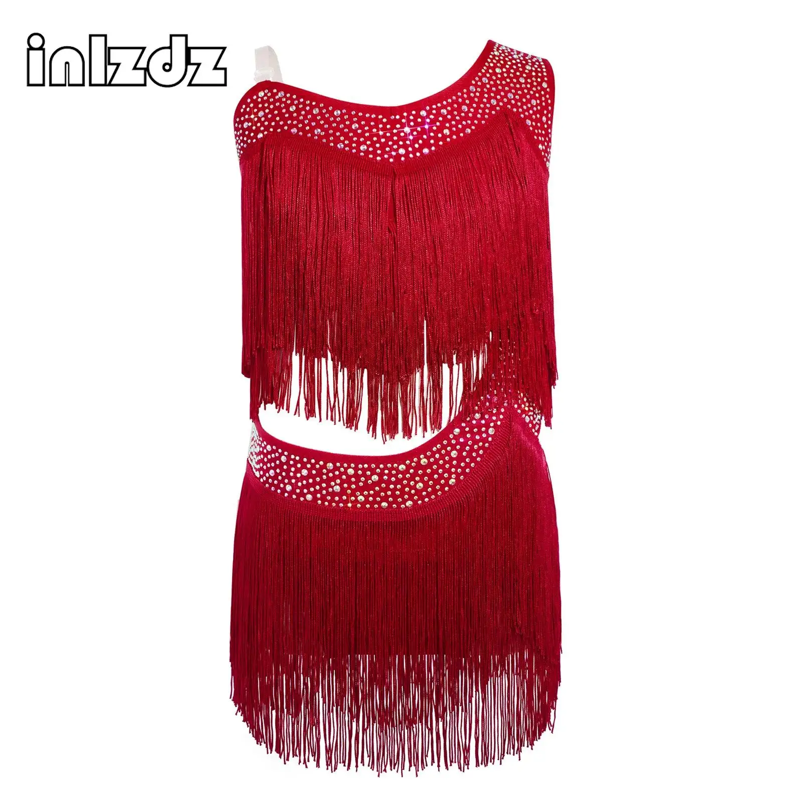 

Kids Girls Latin Dance Leotard Dress Shiny Rhinestone Cha-cha Samba Tango Costumes Asymmetrical Tassel Fringe Bodysuit Dancewear
