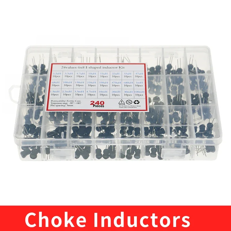 240Pcs 24Values 6x8mm Choke Inductors Assorted Kit 2.2uH 3.3uH 4.7uH 6.8uH 10uH 15uH 22uH 47uH 68uH 100uH 220uH 1mH 4.7mH 100mH