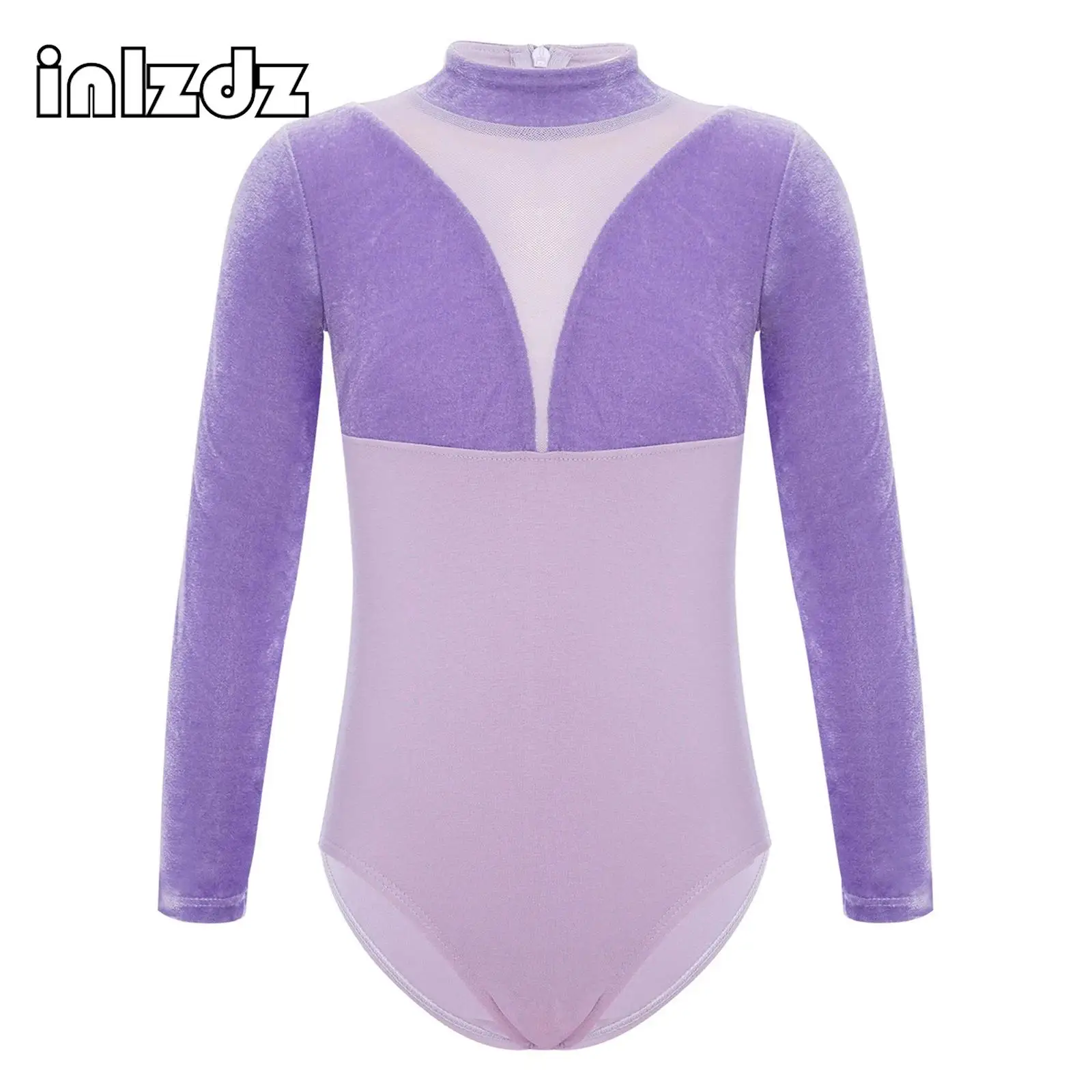 

Kids Girl Ballet Dance Leotard Mock Neck Long Sleeves Zipper Velvet Mesh Cotton Bodysuit Stage Performance Competition Dancewear