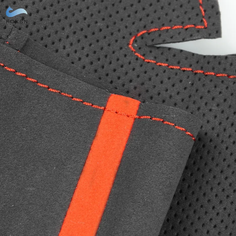 Car Interior Steering Wheel Cover Trim For Seat Ibiza 2004 2005 2006 Suede Perforated Leather with Red Threads Strip Accessories