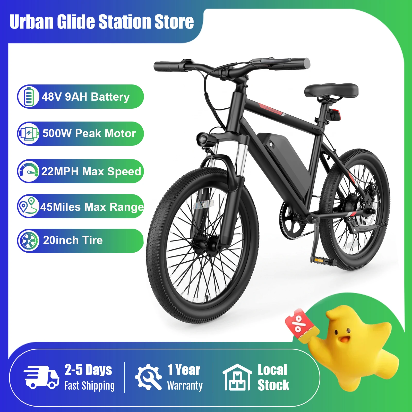 20 inch Electric Bike for Adults, 48V Removable Battery,500W Brushless Motor Peak Power, Max 22MPH Speed, 35 Miles Long Range, 3 Riding Modes Front Suspension Commuter E Bicycle