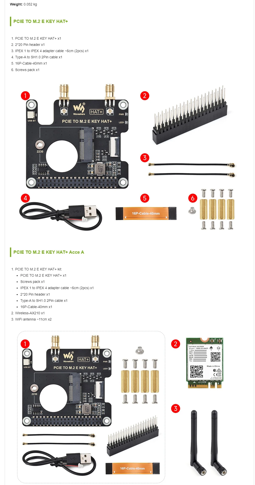 CAPPELLO PCIe a M.2 E KEY per Raspberry Pi 5, compatibile con NGFF (chiave M.2 E) NIC wireless, supporta connessione USB Bluetooth, HAT+