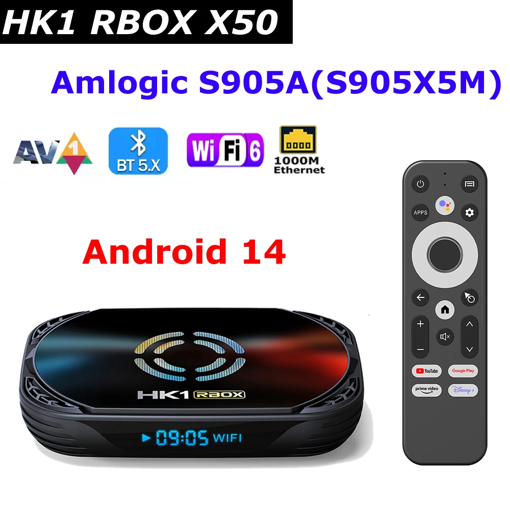 HK1 RBOX X50 Android 14 TV Box Amlogic S905A 4GB 128GB 1000M LAN Wifi6 4K Active Cooling Fan BT Voice Control Set Top Box