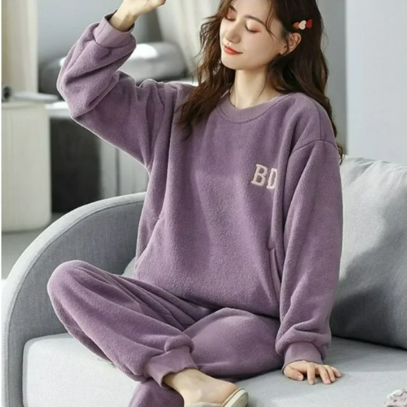 2023 New Sleepwear Women's Winter Coral Fleece Thickened and Furnished Autumn and Winter Flannel Warm External Home Leisure Wear