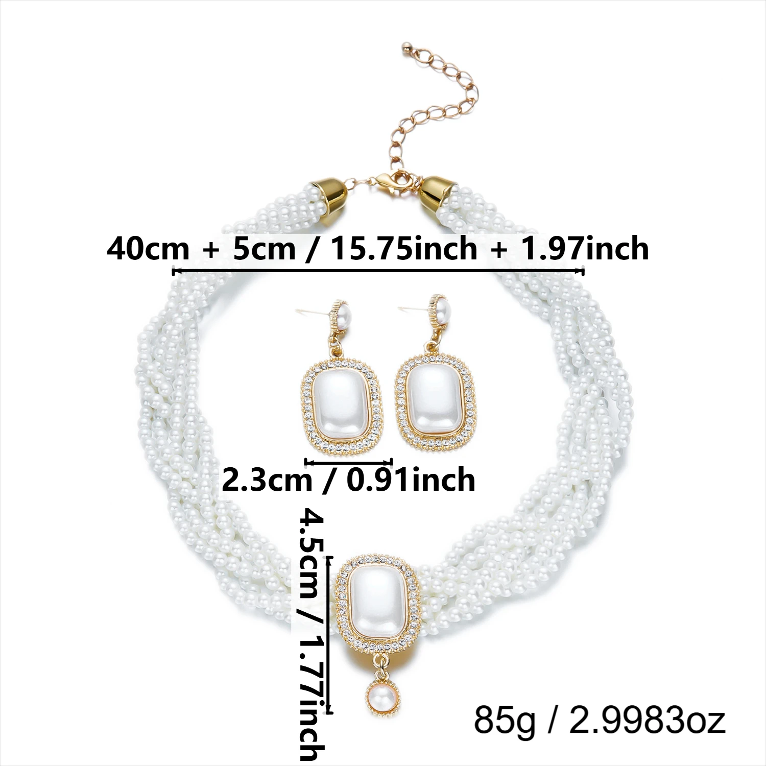 Leicht Luxuriöse Mehrschichtige Imitationsperlen-Choker-Halskette für Frauen Geometrische Quadratische Ohrringe Hochzeits- und Bankett-Schmucksets – Detail 8