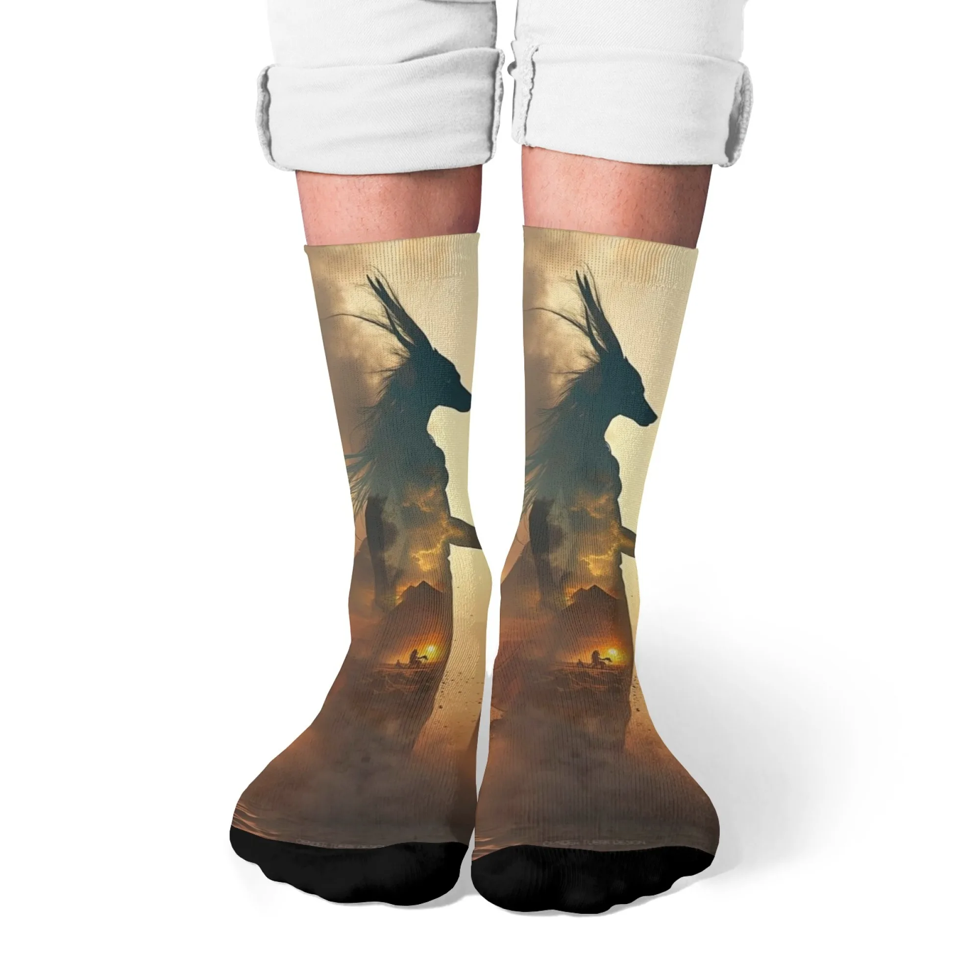 

Novelty Harajuku Retro Anubis Theme Compression Socks Desert Sunset Design Egyptian Mythology Style Socks Street Party Gift