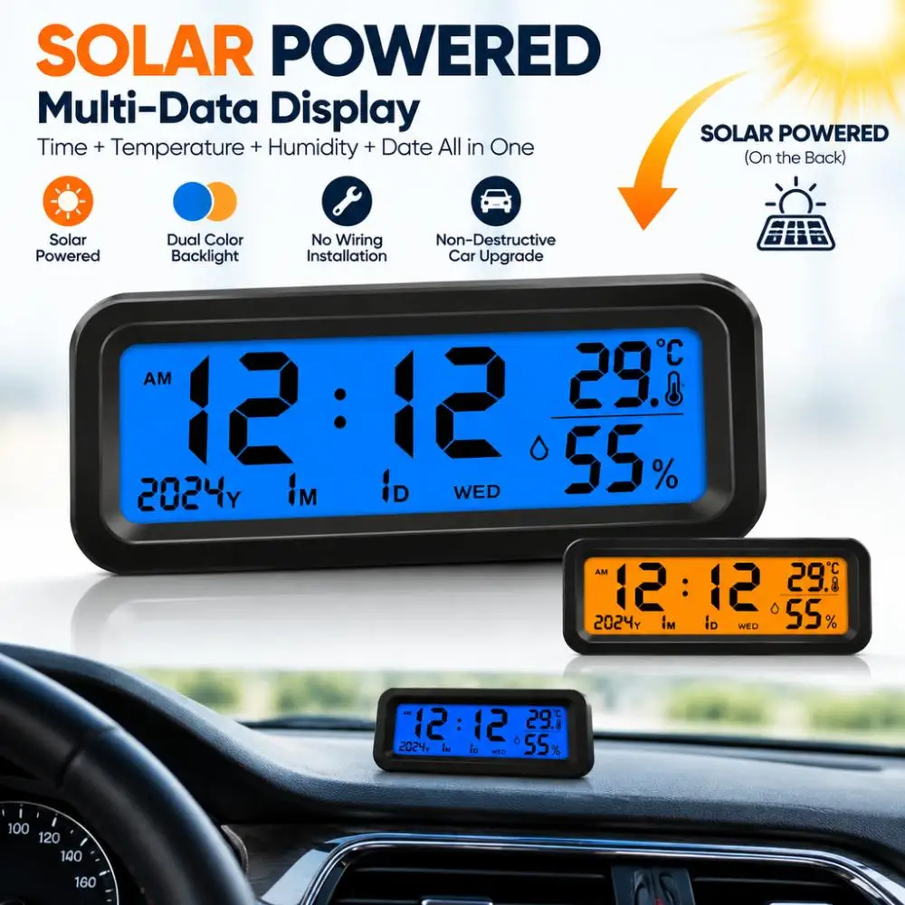 Multifunctional Solar Car Digital Clock LCD Backlight Auto Electronic Time Date Temperature Humidity Meter Dashboard Mount