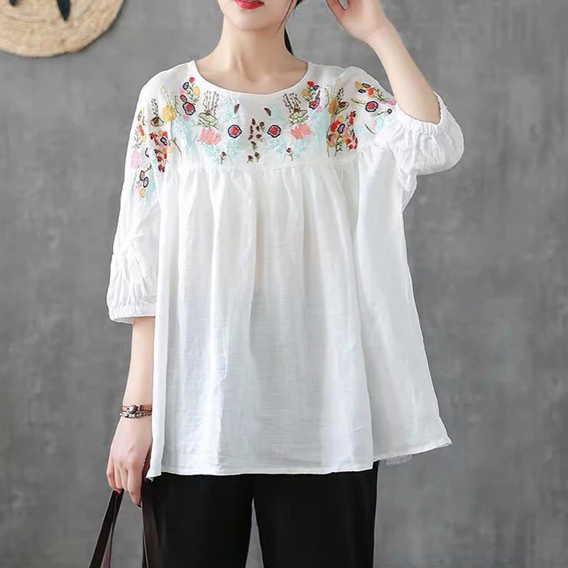 Women\'s Clothing Vintage Embroidery Ethnic Style Oversized Blouse Summer Casual O Neck Half Sleeve Shirt Cotton Tops Y2K Blusas