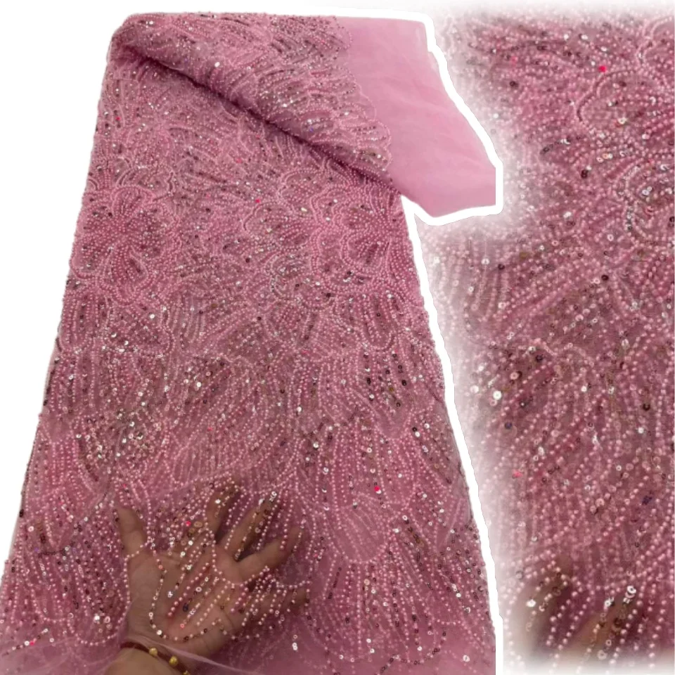 

Розовые африканские кружевные ткани с блестками и бисером, высокое качество, кружевная ткань с французской вышивкой и бисером для шитья свадебного платья, 5 ярдов C1457