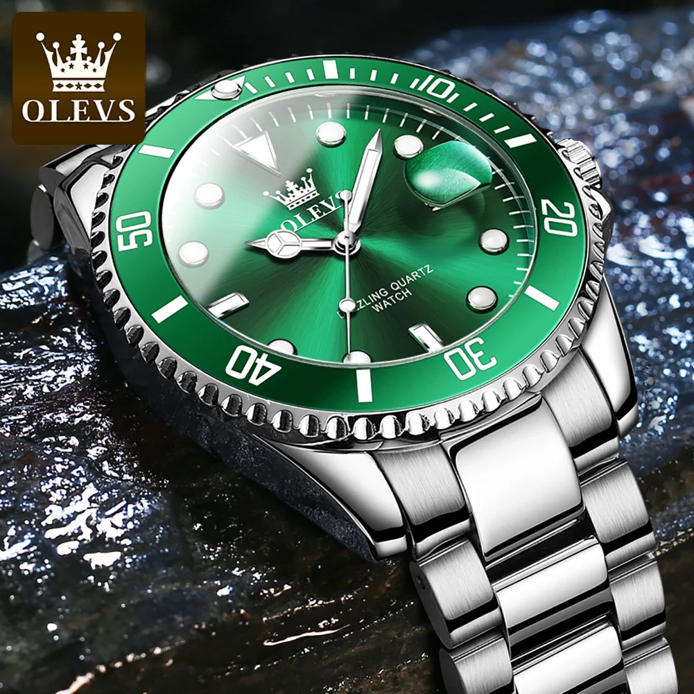 

OLEVS Men's Watches Green Dial Waterproof Stainless Steel Strap Calendar Quartz Watch Luminous Luxury Male Wristwatch Original