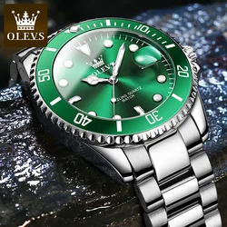 OLEVS Men's Watches Green Dial Waterproof Stainless Steel Strap Calendar Quartz Watch Luminous Luxury Male Wristwatch Original