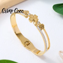 St. Patrick's Day Bangle Stainless Steel Jewelry Trend Designer Four-leaf Clover Cuff Bracelet Female CZ Bangles for Women New