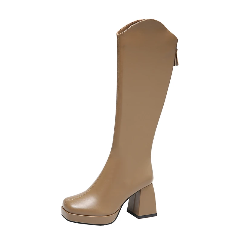 Bottes longues à plateforme au genou pour femmes, chaussures confortables, bottes à talons hauts, Parker carré, beige, mode, hiver, 2023