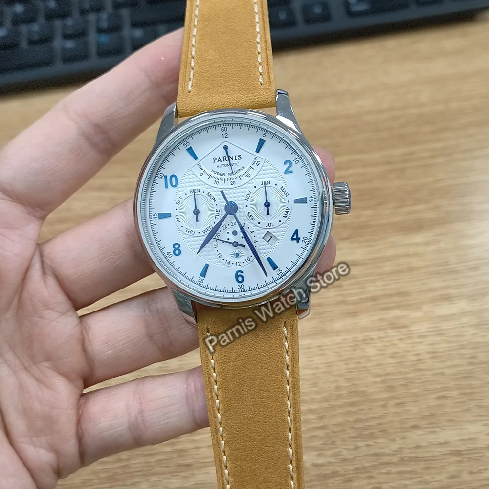 Parnis 43mm Sapphire Crystal 9100 Automatic Men Watch White Dial  Power Reserve Indicator Stainless Steel Case Brown Strap