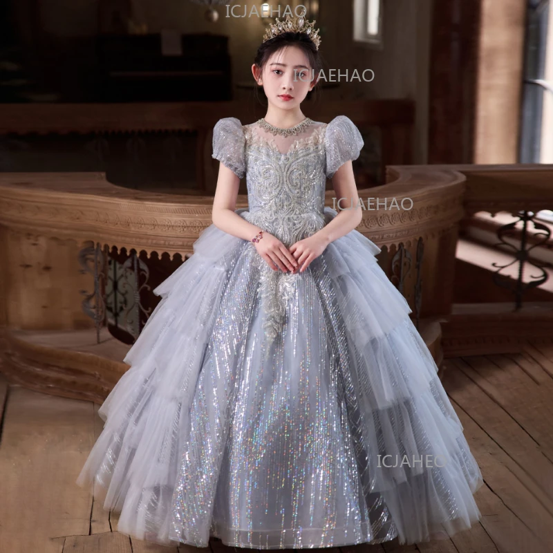 Girls Evening Fashion Princess Dress Flower Child Host Pageant Sequin Performance Gown Kids Party Formal Attire Sparkly Outfit