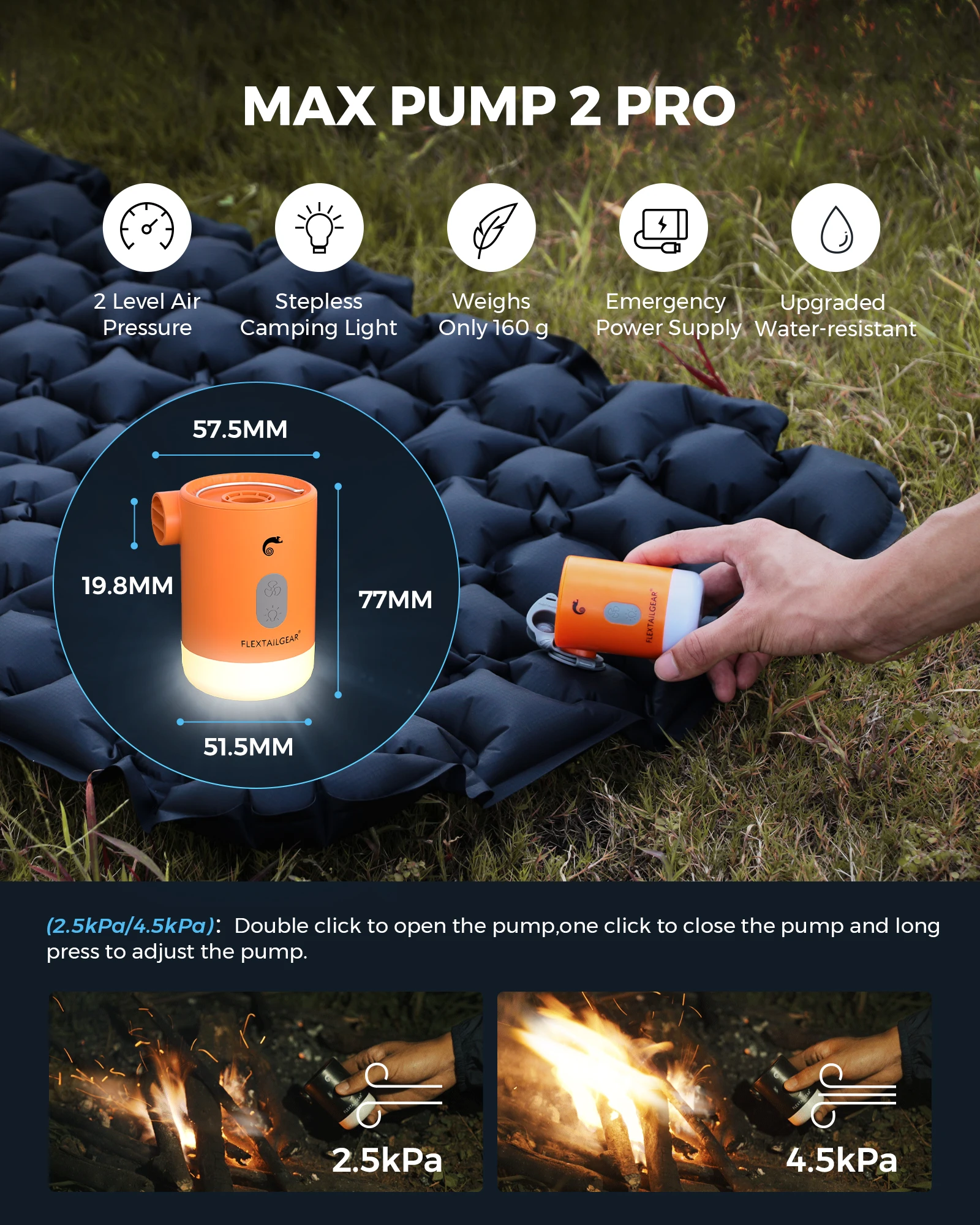 FLEXTAIL MAX PUMP 2 PRO - Portable Air Pump Electric Inflator with Camping Light and Emergency Power Supply for Outdoors