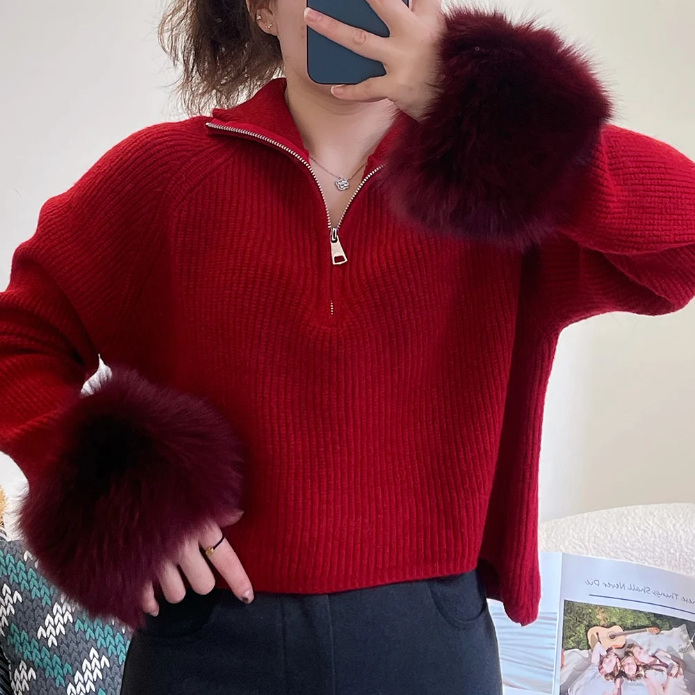 

OFTBUY Sweater Pullover Women Spring Autumn Knitwear Patchwork Real Fur Coat Zipper Underlay Loose Premium Sweater Female New