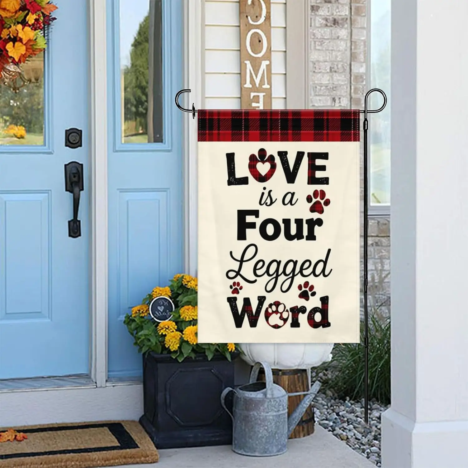 Love Is A Four Legged Word Garden Flag Double Sided 12x18 Inch, Dog Paw Print Buffalo Plaid Pet Outdoor Yard Decor for Lawn  AAM