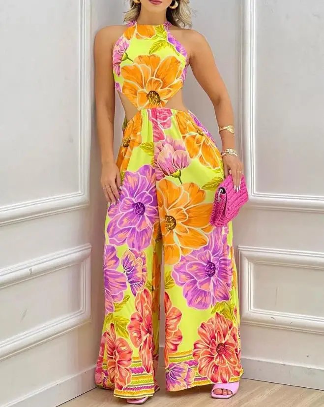 

Women's Jumpsuit 2024 Spring Summer Latest Casual Floral Print Halter Cutout Wide Leg Romper Sleeveless Daily Vacation Bodysuit