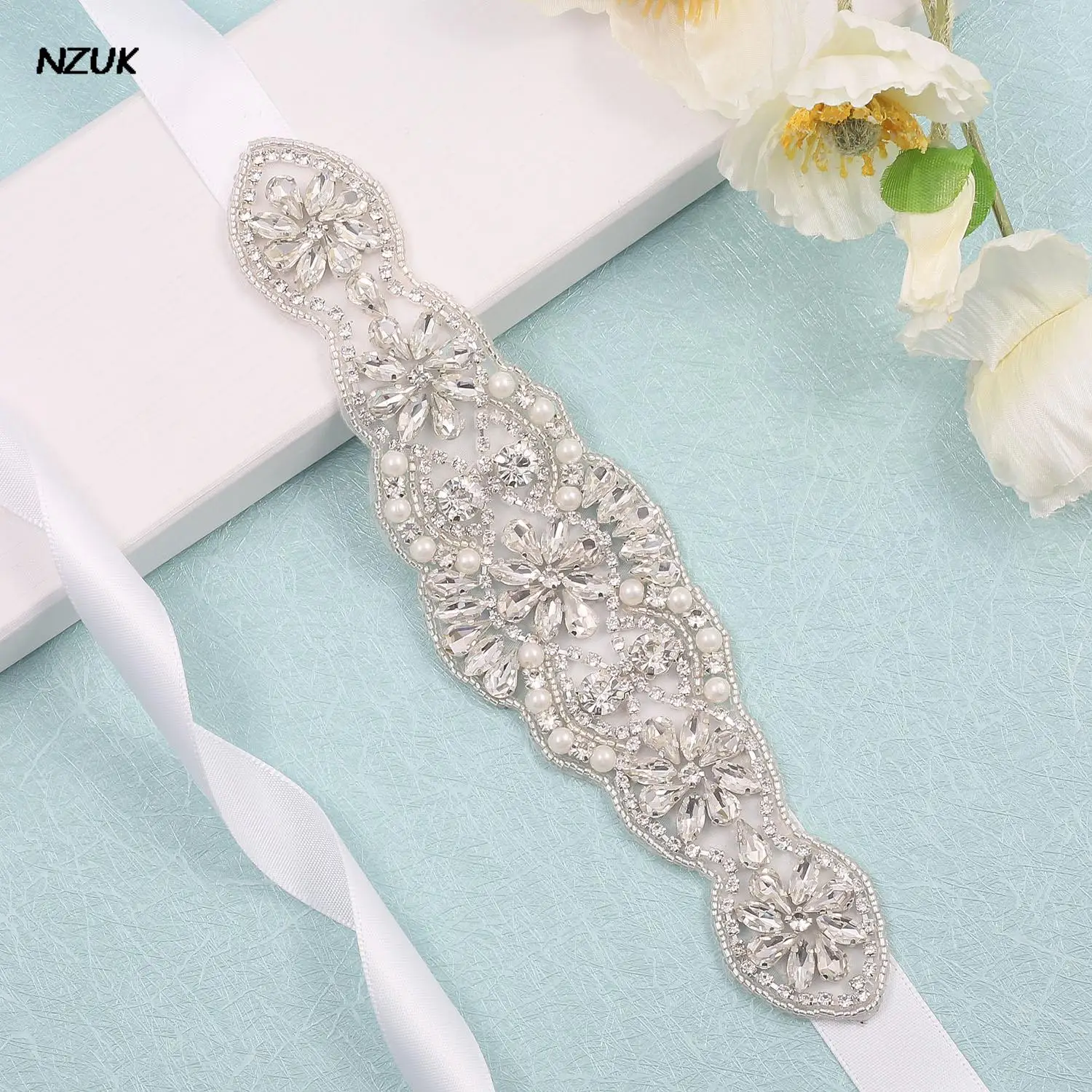 

NZUK Silver Rhinestones Bridal Belt Crystal Pearls Wedding Belt Ribbons Sash For Bridal Bridesmaids Dresses cinturon novia boda