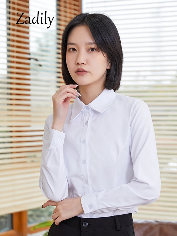 Office Lady Long Sleeve Women Basic Shirt Blouse Slim Button Up All Season Woman 50% Cotton Dress Shirts Work Female Tops