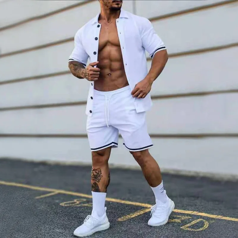 New men's suit spring and summer solid color lapel buttoned short-sleeved shorts cardigan gentleman sports suit men's fashion