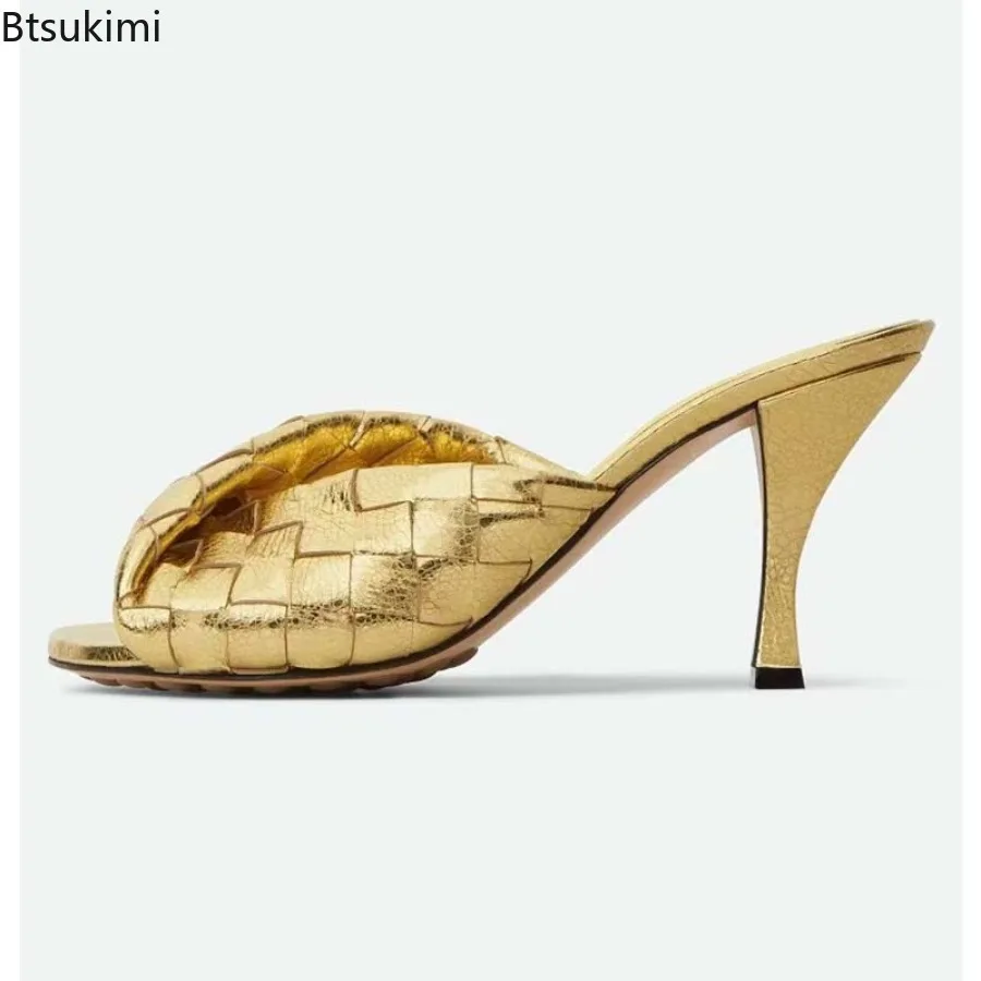 

2025 Weaved High Heel Solid Color Mule Sandals Soft Leather Open-Toe Fashionable Sandals Simple Summer Women's Shoes Sandalias