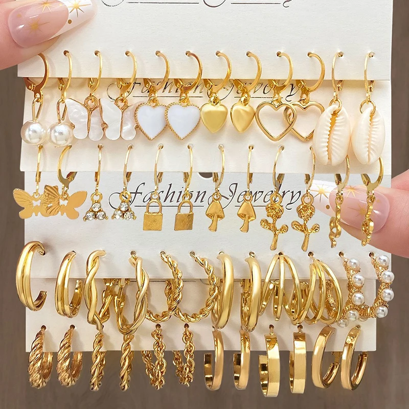 Heart Pearl Dangle Earrings Set Metal Golden Color Butterfly Locks Earrings for Women Shell Trendy Jewelry Hoop Earrings 2024