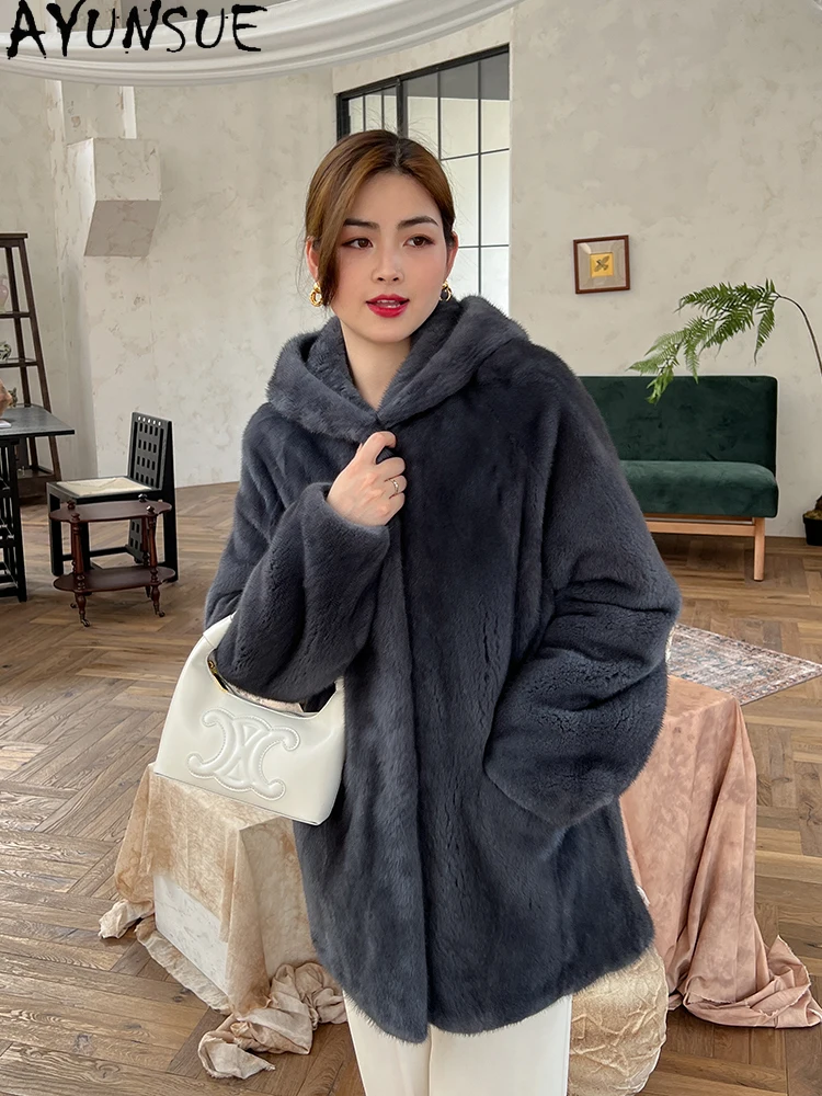 AYUNSUE سترة فرو المنك المخملية الطبيعية امرأة مقنعين الفاخرة كله المنك الشتاء سترة للمرأة الملابس عالية الجودة كوفتا С ميخيم