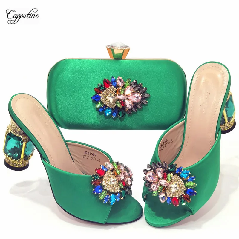 Green Women Shoes And Bag Set African High Heels Ladies Summer Slippers Match With Clutch Handbag Pantoufle Femme CR942