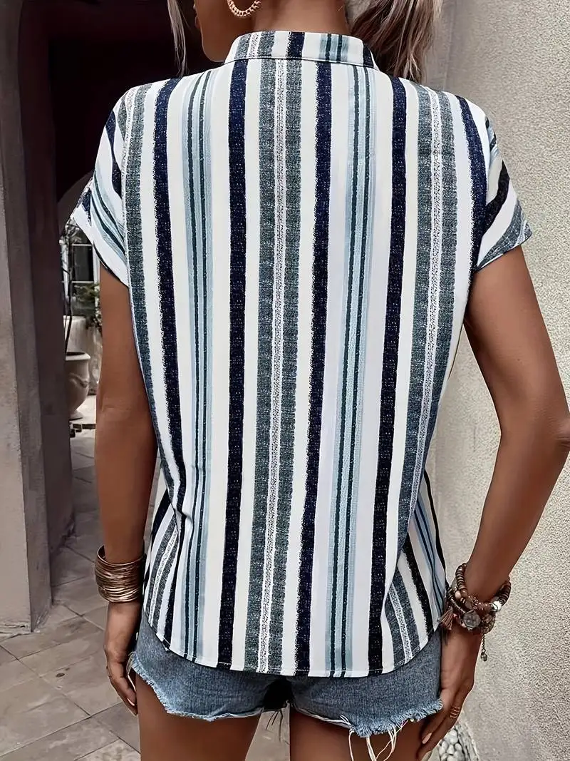 Women's Striped Shirt V-neck Short-sleeved Top Fashion Pullover Casual Simple Street New Summer 2025 Blouses for Female