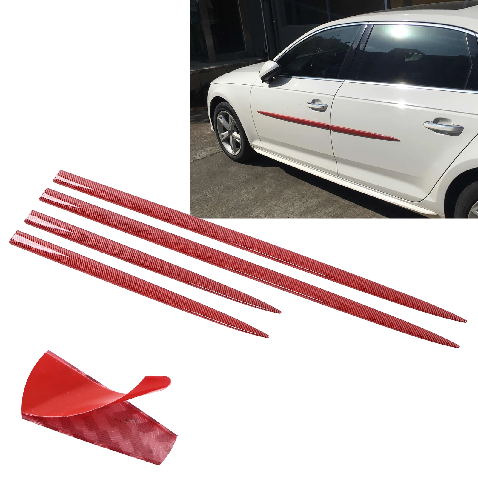 

4PCS Car Door Body Side Protective Trim - Red Carbon Fiber Style, Side Door Decoration Strip, Universal for Cars (Oversized)