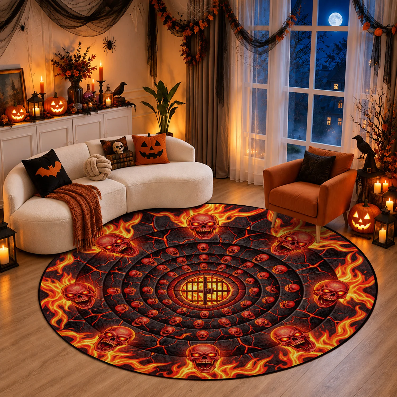 Fiery Skull Flame Circular Pattern Round Velvet Rug Machine Washable for Living Room Bedroom Entryway Office Dining Room Halloween Thanksgiving Black Friday Christmas New Year