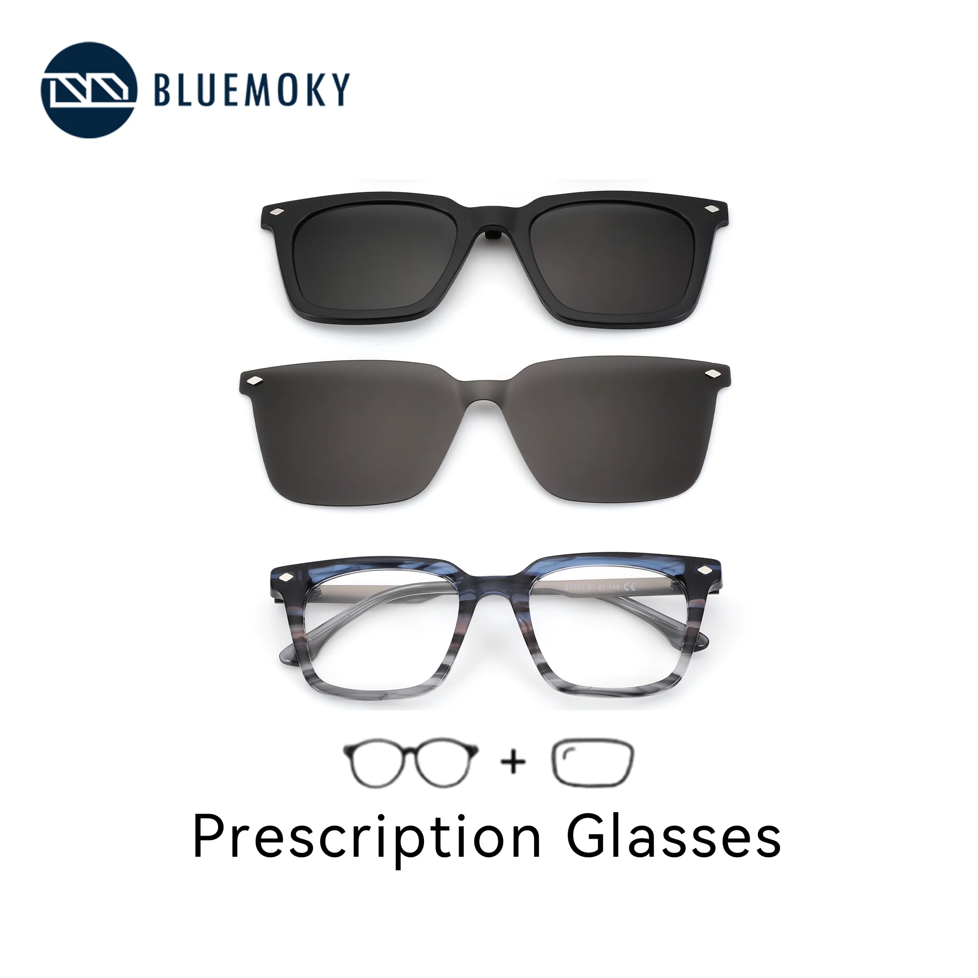 

BLUEMOKY XL Size Magnetic Clip-on Square Prescription Glasses For Men Polarized UV400 Protection Optical SunGlasses