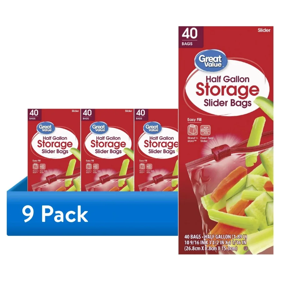 (9 عبوات) أكياس منزلقة نصف جالون، 40 قطعة، قاعدة قابلة للتوسيع سهلة التعبئة
