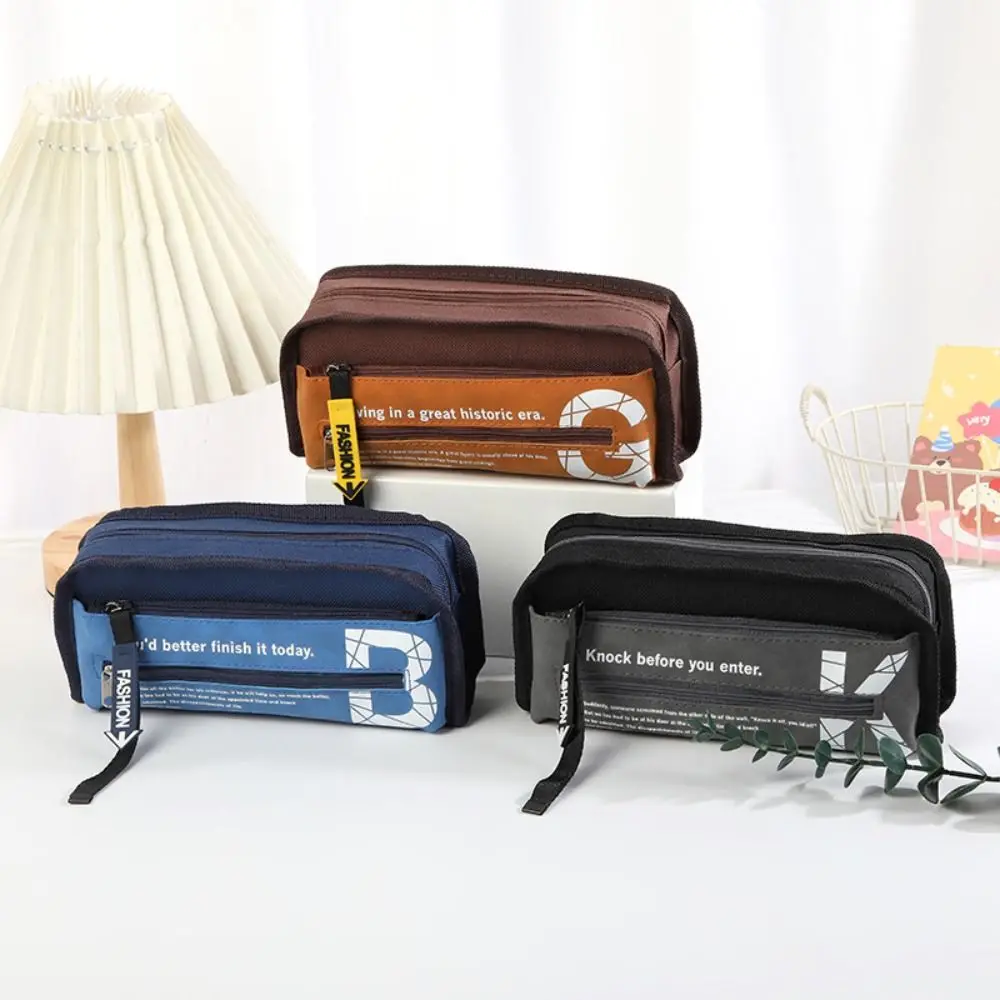 Bolsa de papelaria para meninos com zíper duplo, bolsa de armazenamento de grande capacidade, multicamadas, lona, armazenamento de mesa, desenho animado, bolsa de lápis