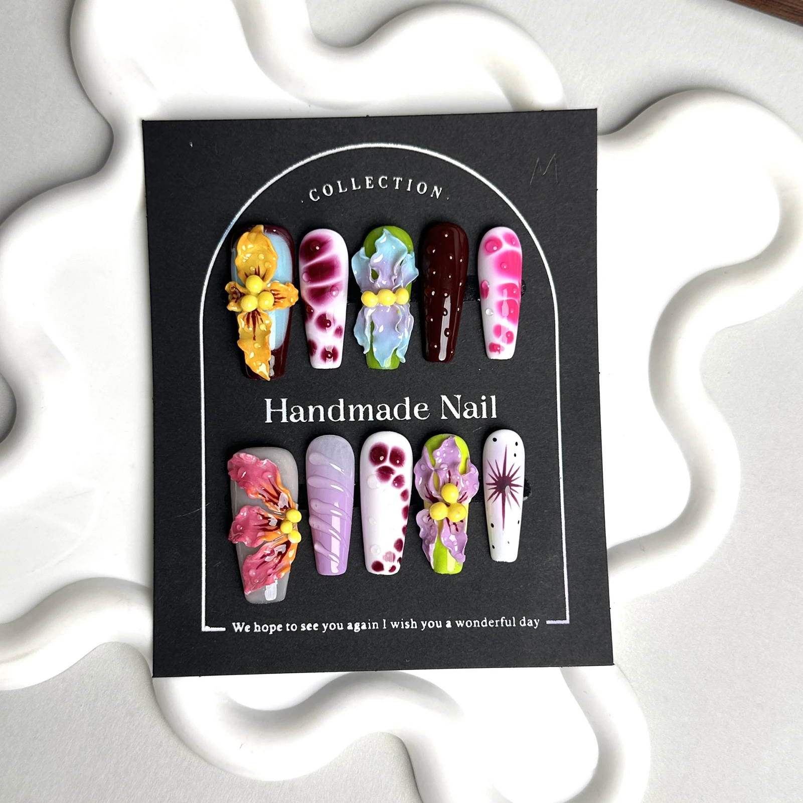 10 قطعة اليدوية طويلة الباليه الصحافة على الأظافر ثلاثية الأبعاد نحت الشيطان زهرة بتلات وهمية مسمار بقع يمكن ارتداؤها التوابل فتاة الأظافر كاذبة #1