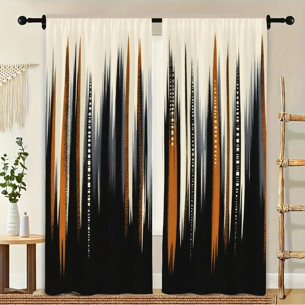 

2Pcs Curtain Abstract Black, White, Gray, And Orange Pattern Window Drapes for Bedroom Living Room Decoration Window Treatment.