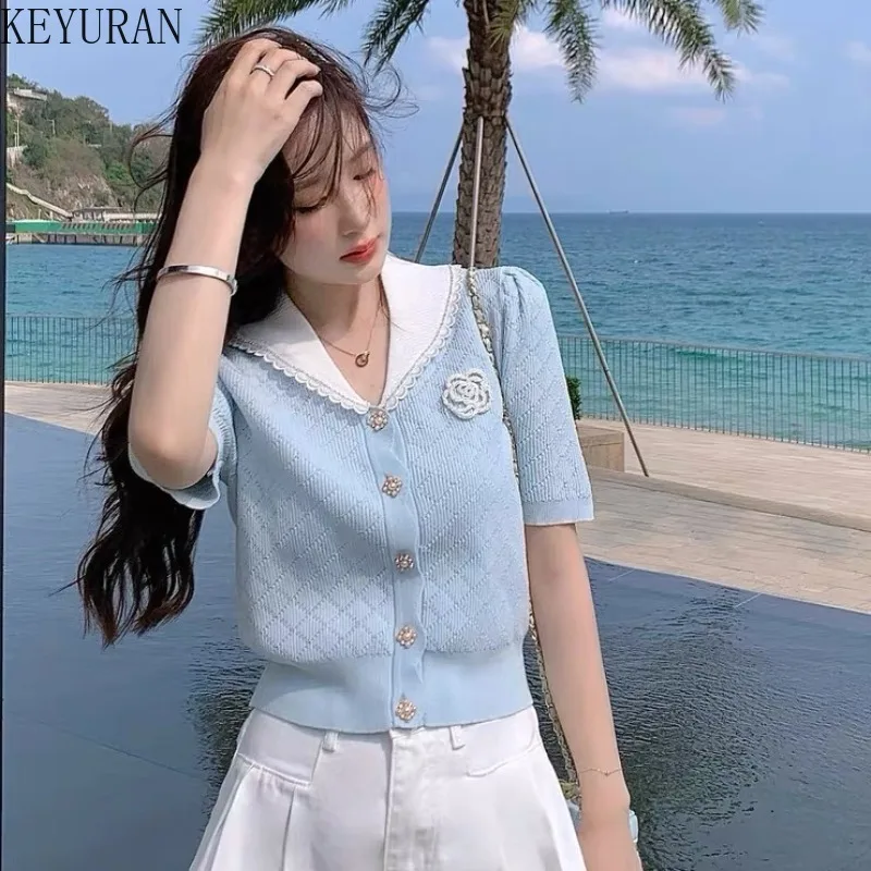 

2024 Summer Knitted Cardigan T-shirt Women's Vintage French New Sweet Peter Pan Collar Slim Short Sleeve Sweater Mujer Crop Top