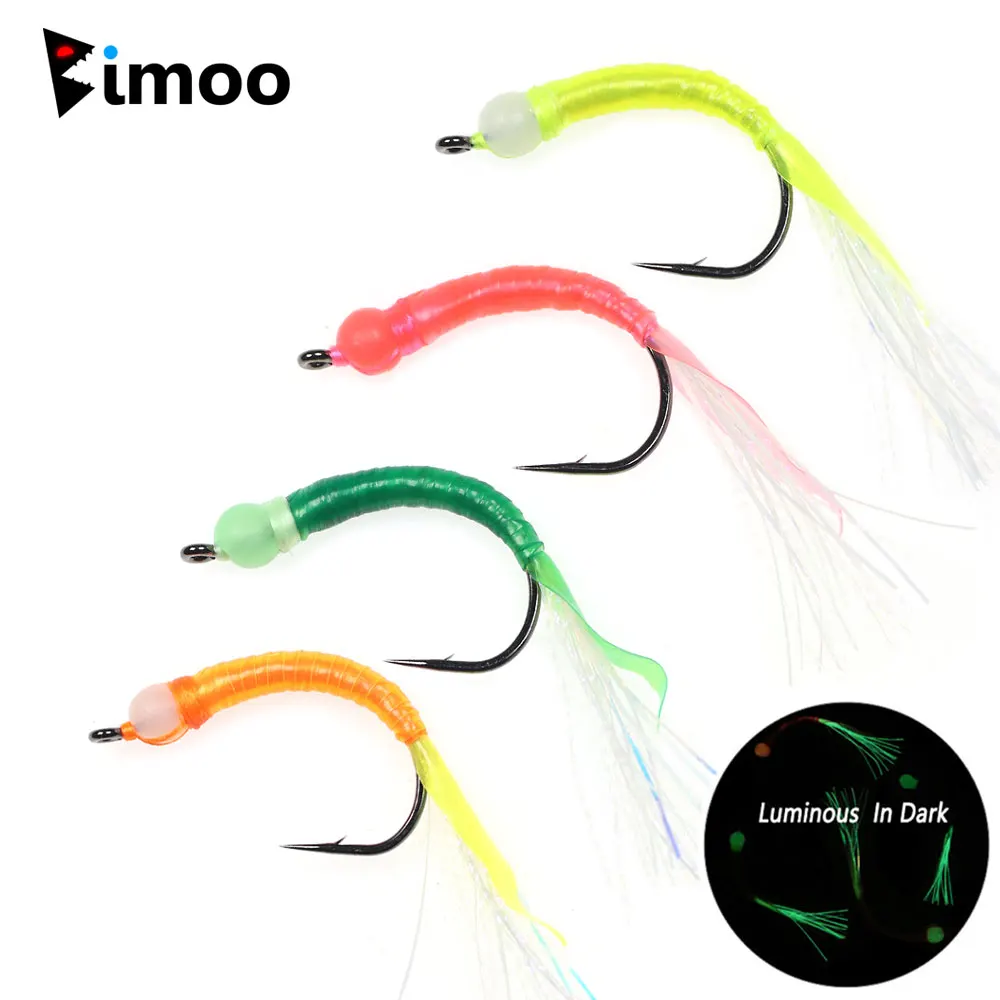 Bimoo 12PCS #4 ~ #2/0 Luminous Fast Sinking  Big Worm Fly Leech Streamer Wet Fly Trout Steelhead Bass Pike Fishing Lures Baits