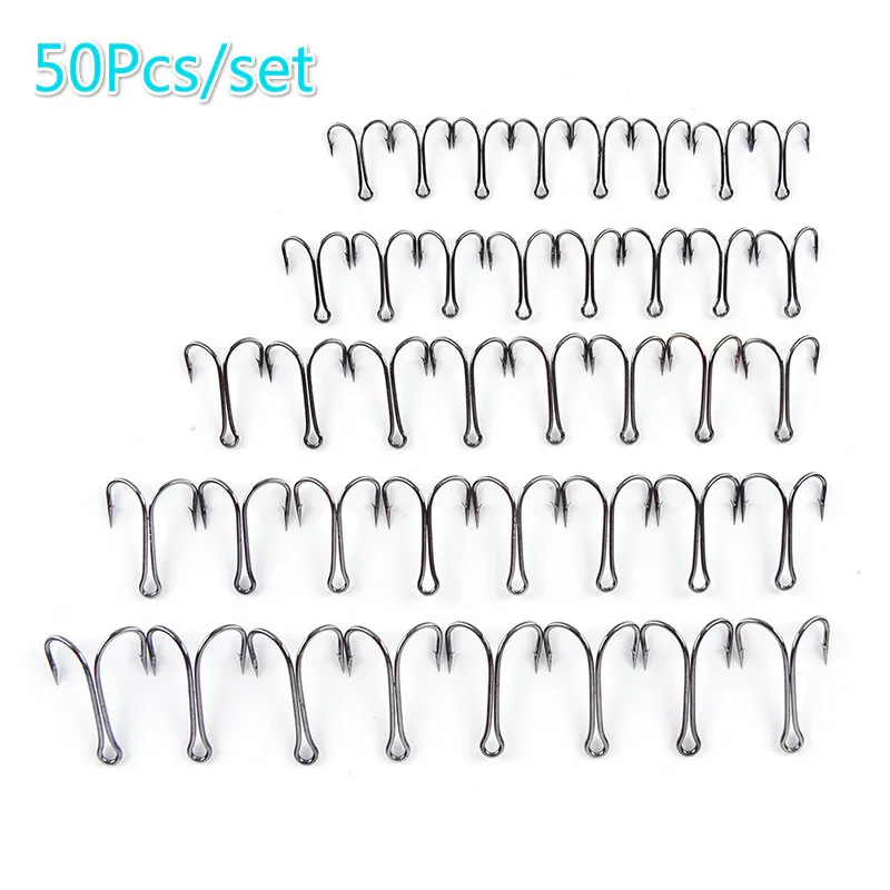 50pcs/lot Dual High Carbon Steel Black Fishing Hooks Double Anchor Hook Saltwater Fishing Tackle