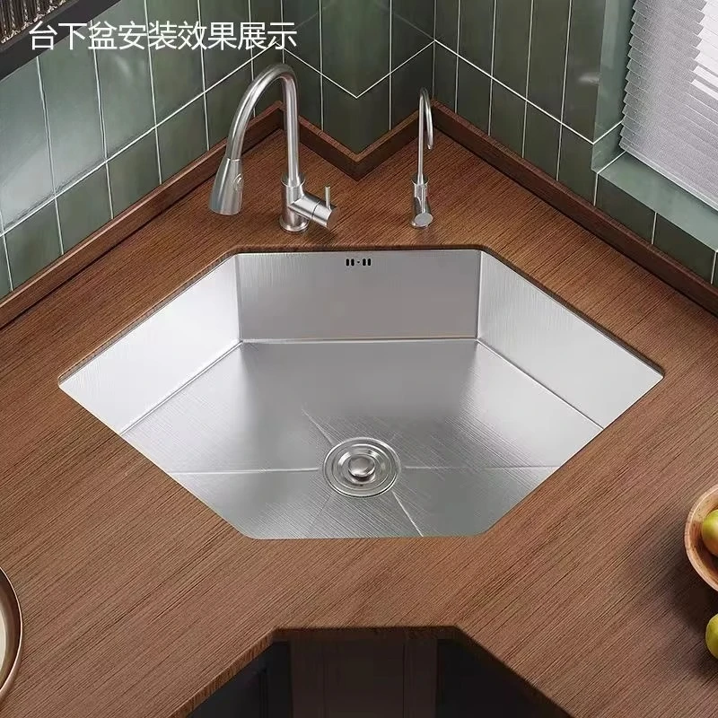 Handmade built-in corner kitchen sink L-shaped 304 stainless steel single-sink kitchen washing sink, suitable for corner cabine