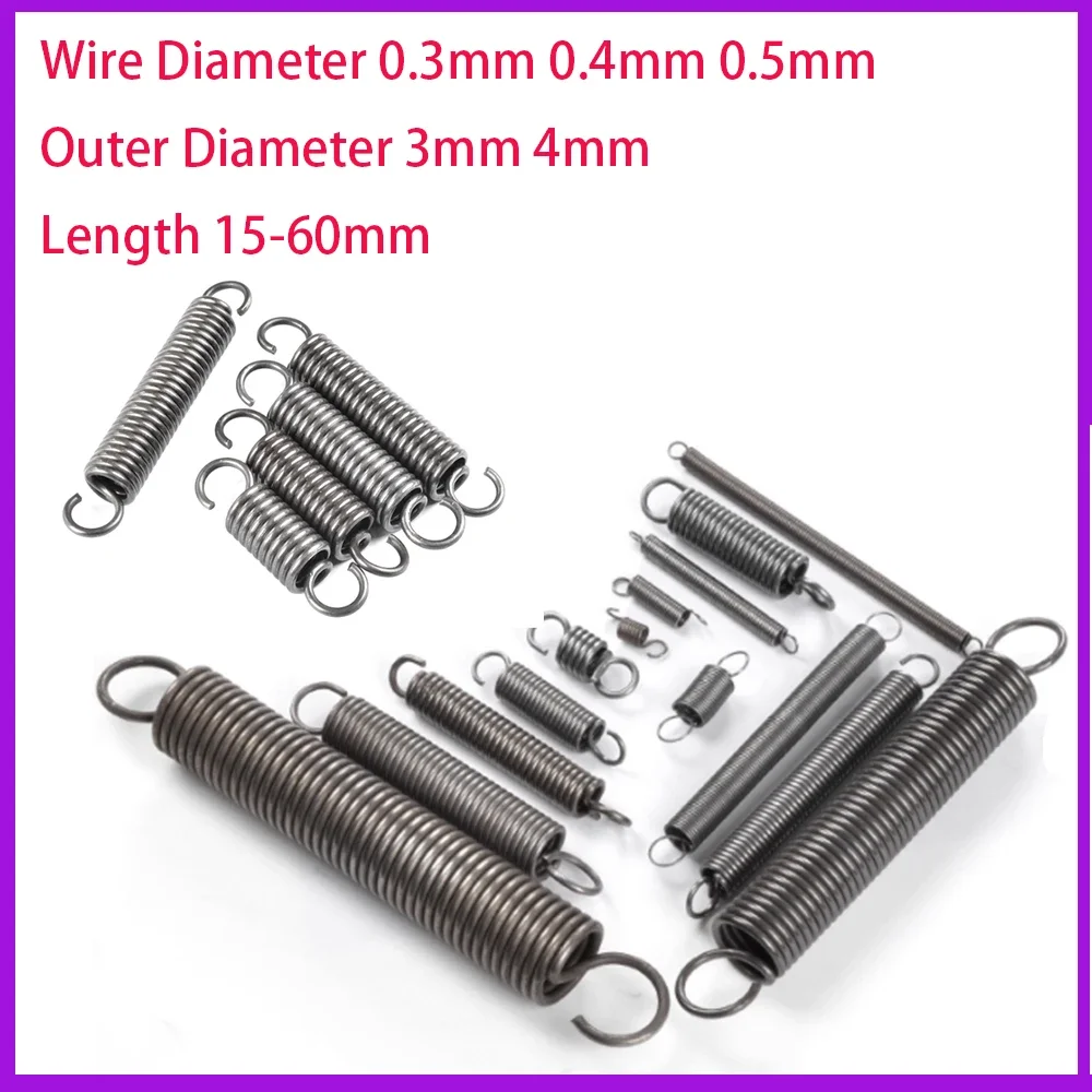 10pcs Wire Diameter 0.3mm 0.4mm 0.5mm Outer Diameter 3mm 4mm Open Hook Tension Spring Pullback Coil Spring Steel Length 15-60mm
