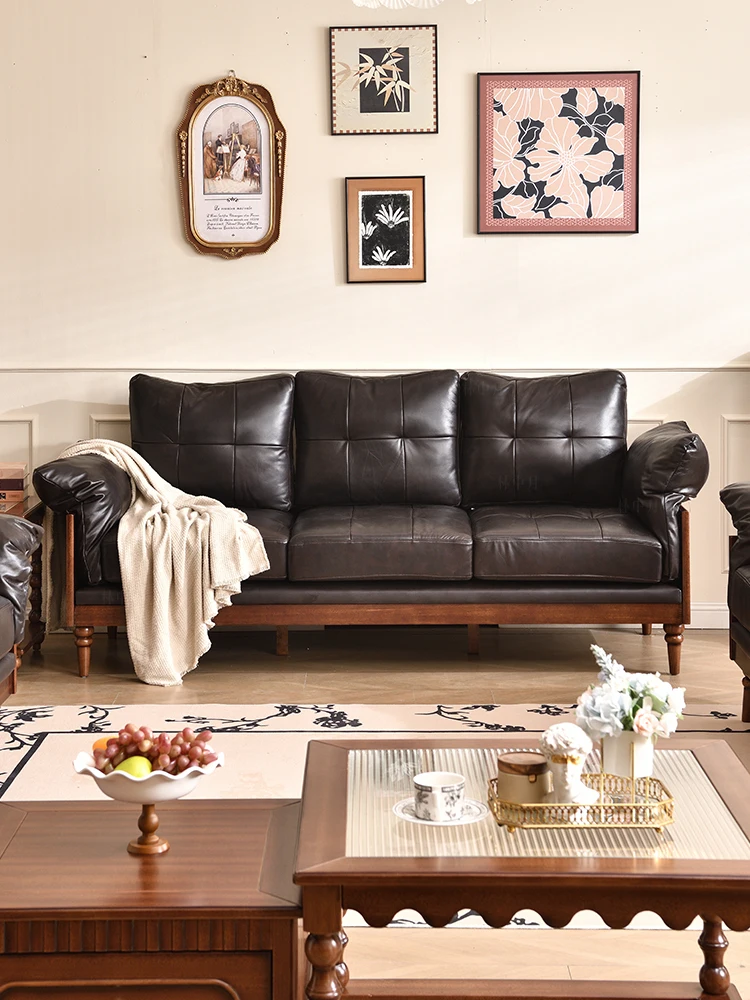 Medieval solid wood sofa living room black premium light luxury French retro leather sofa three-person straight row sofa